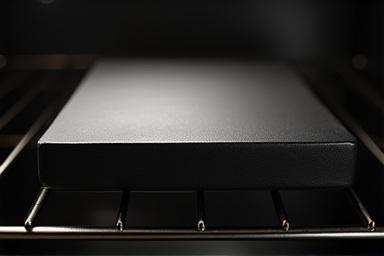 Professional baking steel on a rack