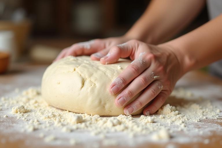 Hands kneading artisan bread dough in a professional kitchen setting