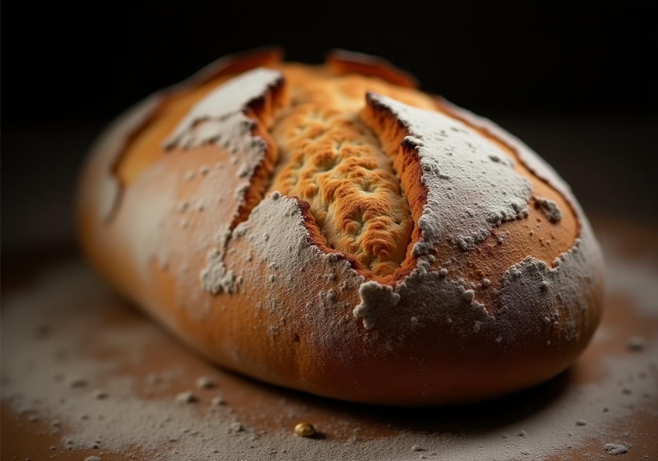 Close up of a freshly baked sourdough loaf with intricate scoring patterns