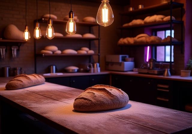 Artisan bakery workshop interior with warm lighting