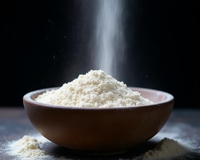 Artisan flour being poured into a ceramic bowl
