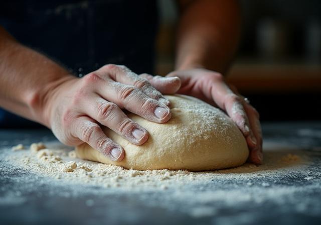 Hands shaping high hydration dough