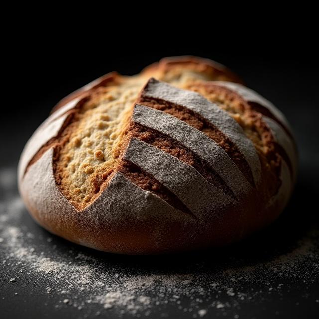 Freshly baked sourdough bread with flour dusting on a dark stone surface
